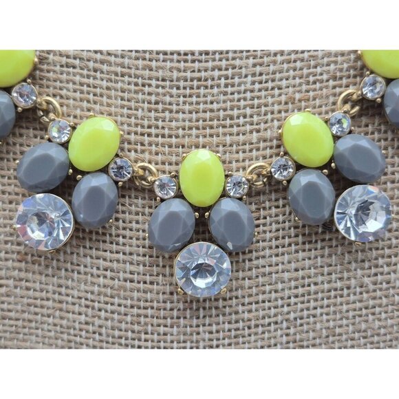 J.Crew Gold Tone Gray & Green Statement Collar Necklace Clear Crystals Bib 20" - Picture 5 of 9